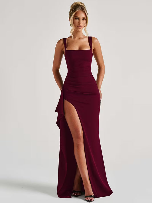 Backless Slim Fit Ruched Off-Shoulder Slit Dress