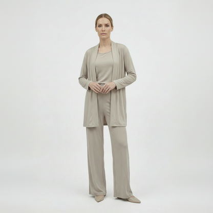 An elegant everyday women’s two-piece set with an open cardiganS