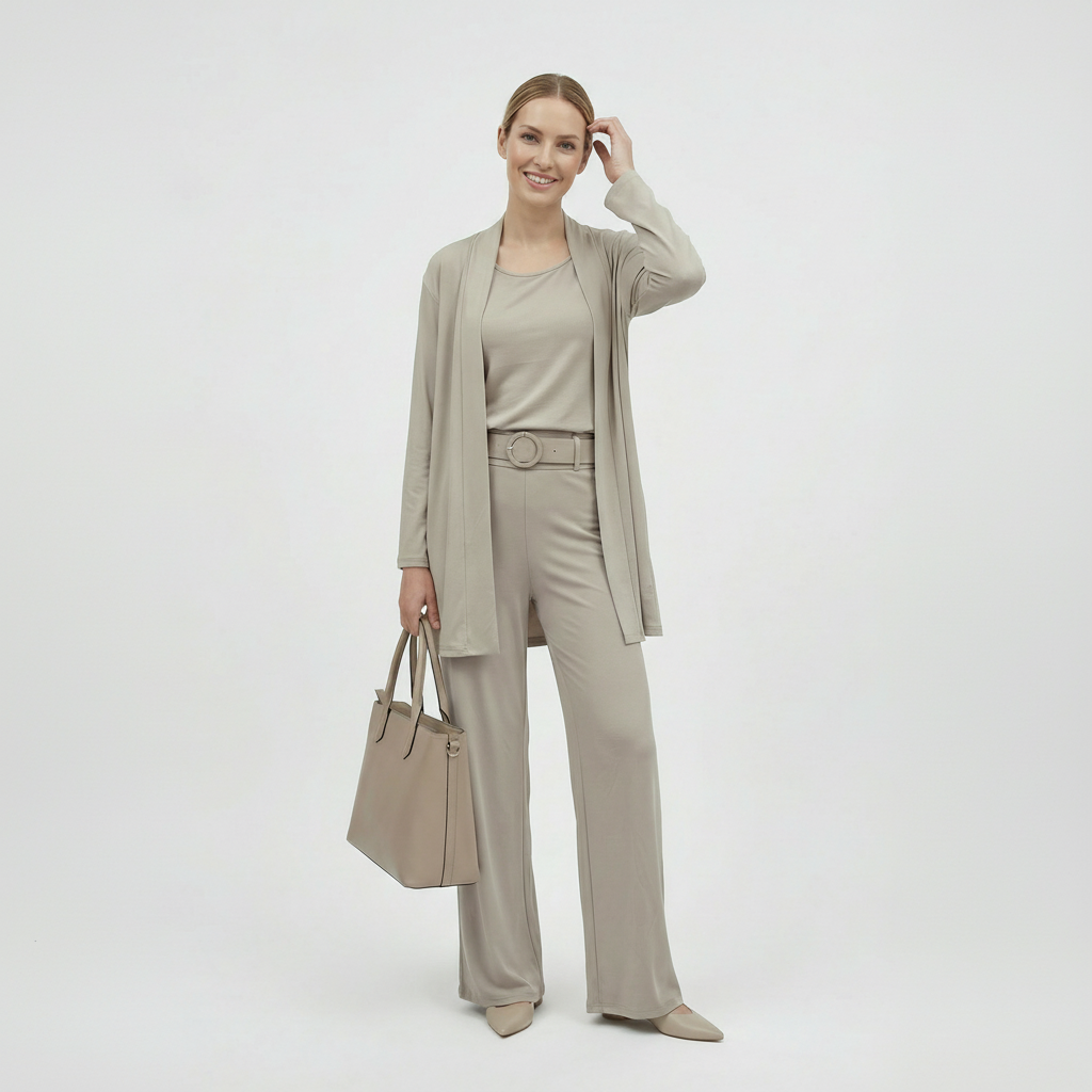 An elegant everyday women’s two-piece set with an open cardiganS