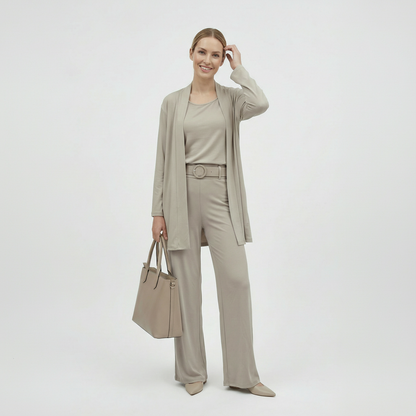 An elegant everyday women’s two-piece set with an open cardiganS