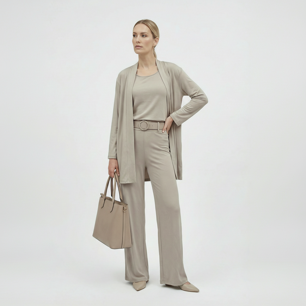 An elegant everyday women’s two-piece set with an open cardiganS