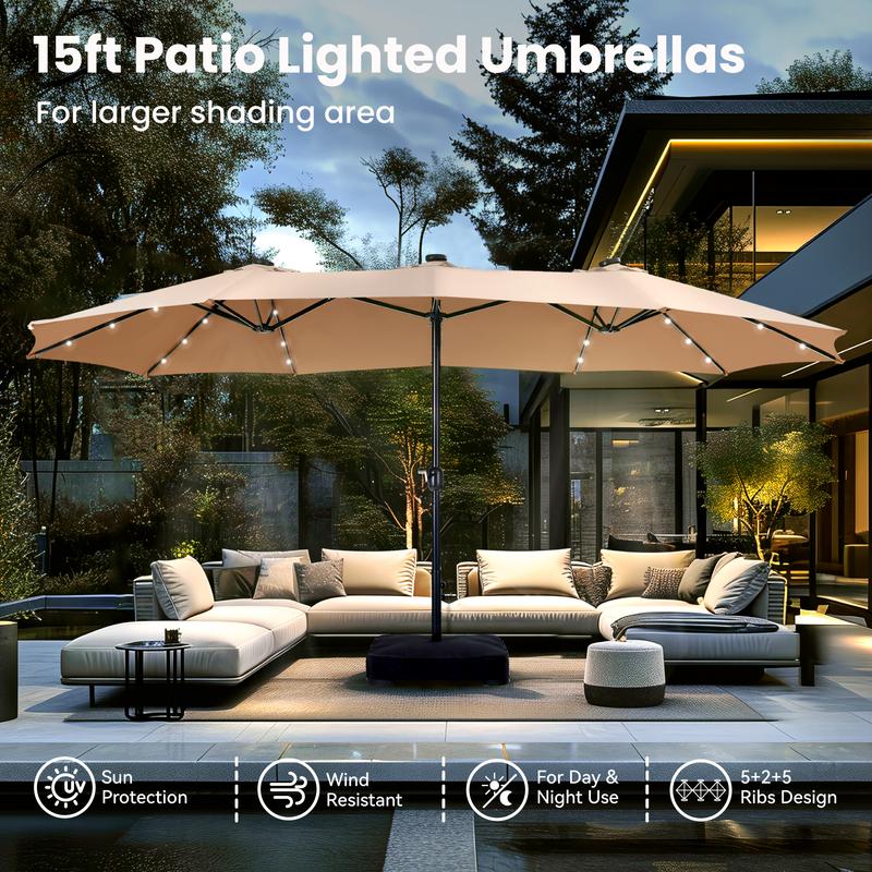15ft Podwójny Parasol Ogrodowy LED Solarny – Duży Parasol Tarasowy z Podstawą
