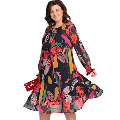 A light, flowy women’s floral dress with long sleeves and a relaxed fit