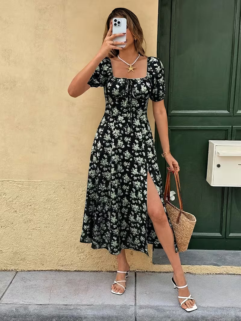 Ladies' Elegant Spring/summer Floral Print Back Zipper Backless