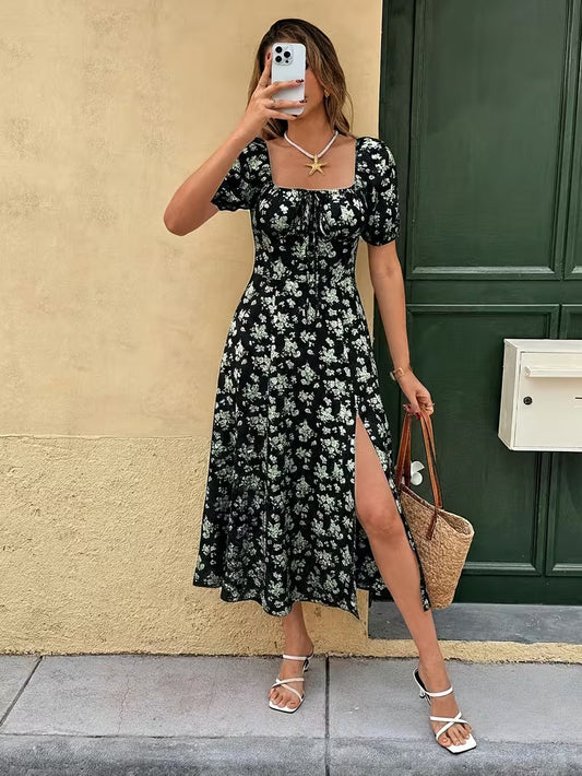 Ladies' Elegant Spring/summer Floral Print Back Zipper Backless