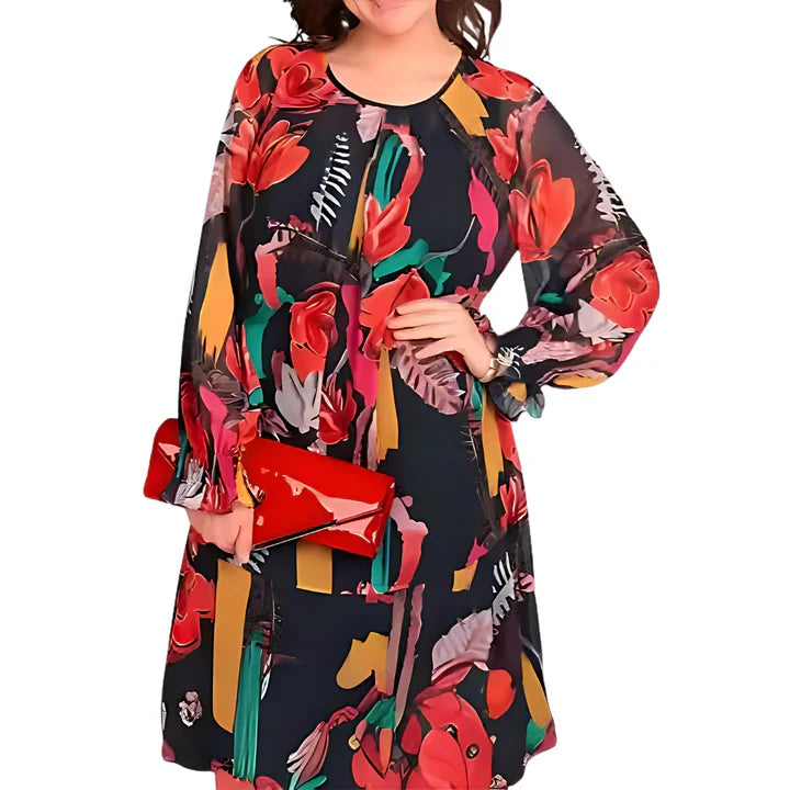 A light, flowy women’s floral dress with long sleeves and a relaxed fit