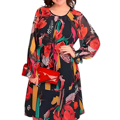 A light, flowy women’s floral dress with long sleeves and a relaxed fit