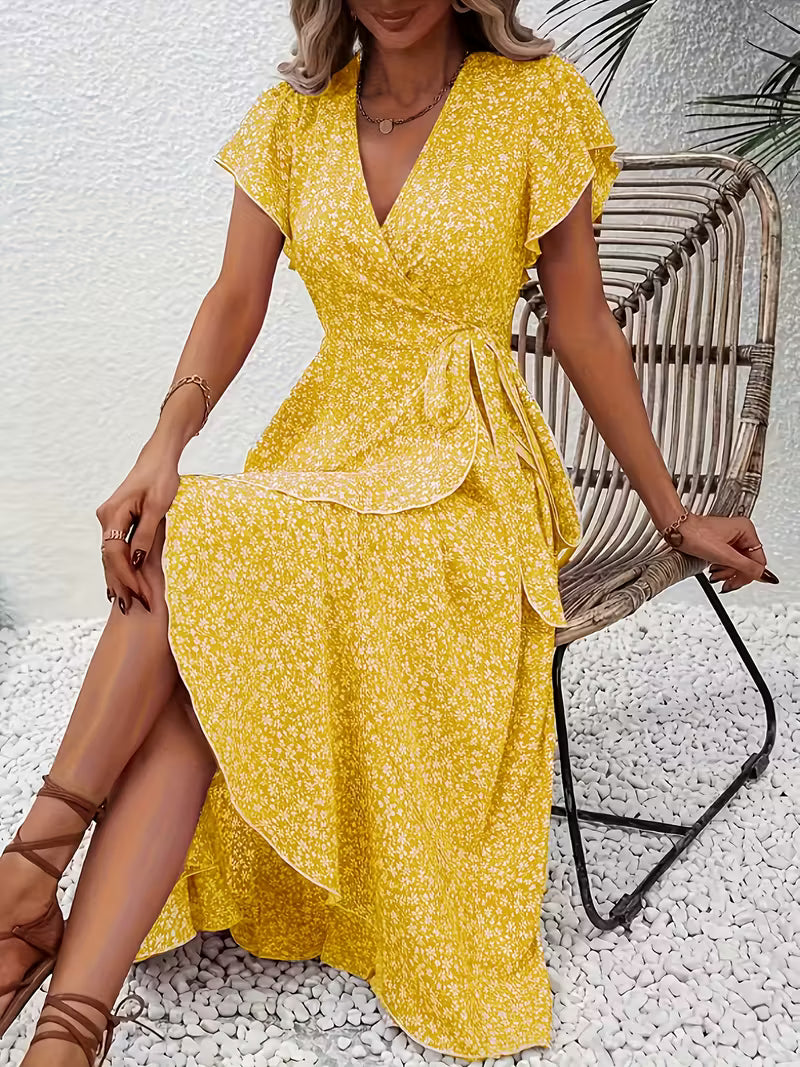 Elegant Red Floral V-Neck Midi Dress