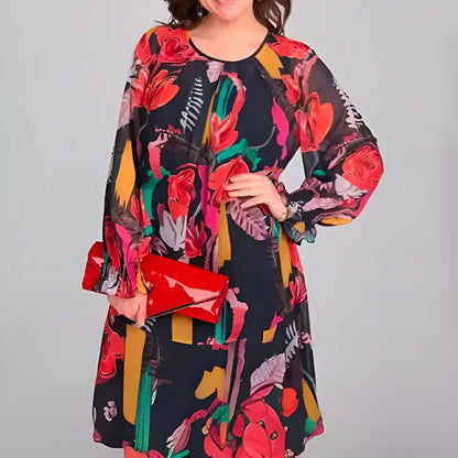 A light, flowy women’s floral dress with long sleeves and a relaxed fit