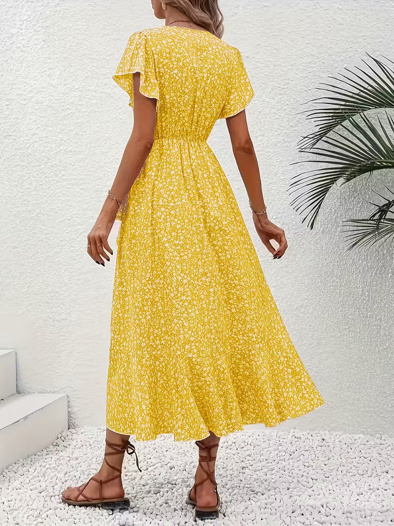 Elegant Red Floral V-Neck Midi Dress