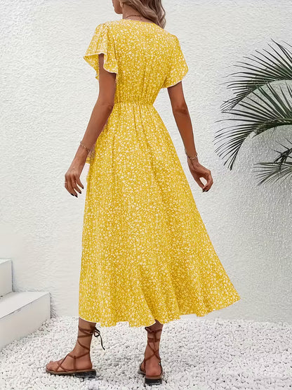 Elegant Red Floral V-Neck Midi Dress