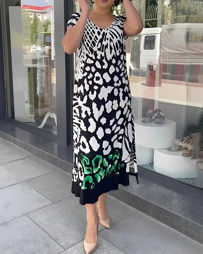 A casual women’s dress with a printed design and short sleeves