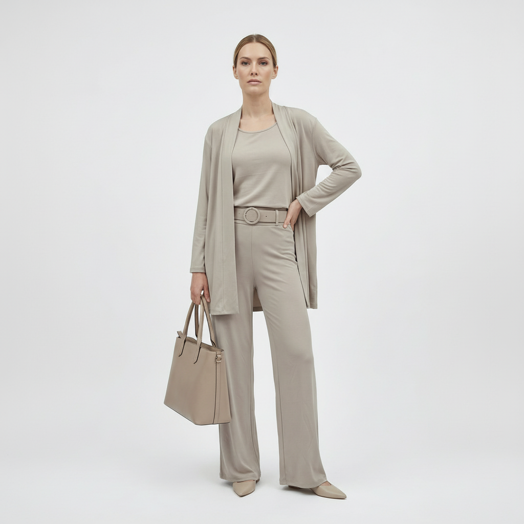 An elegant everyday women’s two-piece set with an open cardiganS