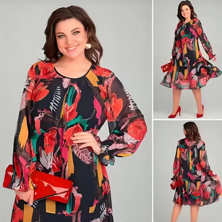 A light, flowy women’s floral dress with long sleeves and a relaxed fit