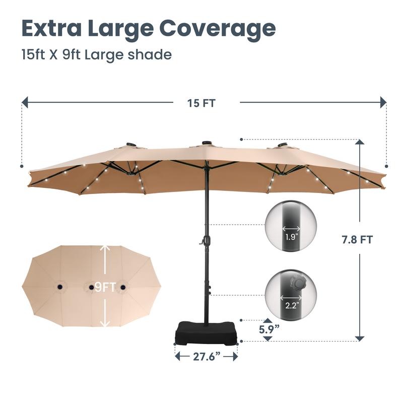 15ft Podwójny Parasol Ogrodowy LED Solarny – Duży Parasol Tarasowy z Podstawą