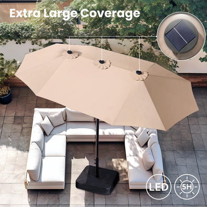15ft Podwójny Parasol Ogrodowy LED Solarny – Duży Parasol Tarasowy z Podstawą